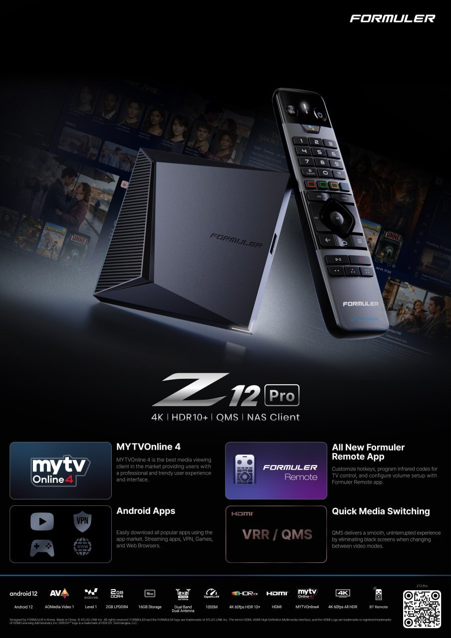 Formuler Z12 Pro productfolder met MYTVOnline 4 en belangrijkste functies