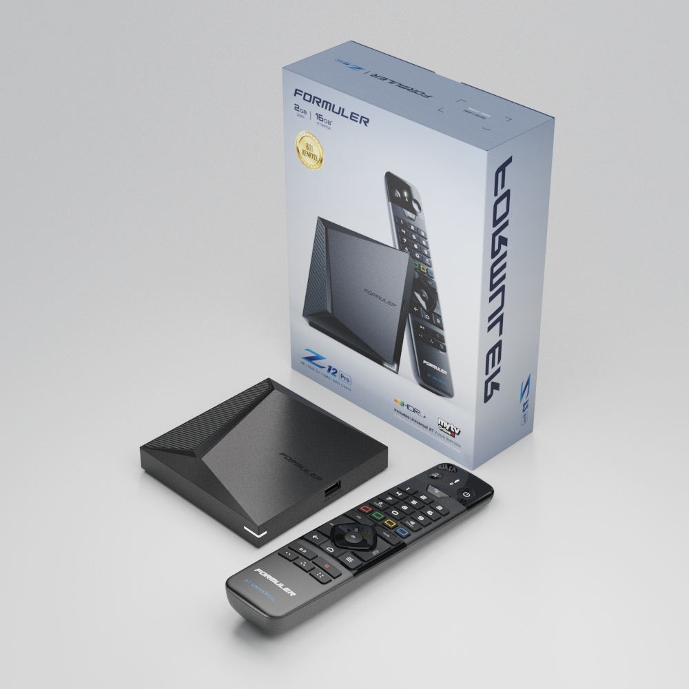 Formuler Z12 Pro met verpakking en Bluetooth-afstandsbediening, schuin van boven