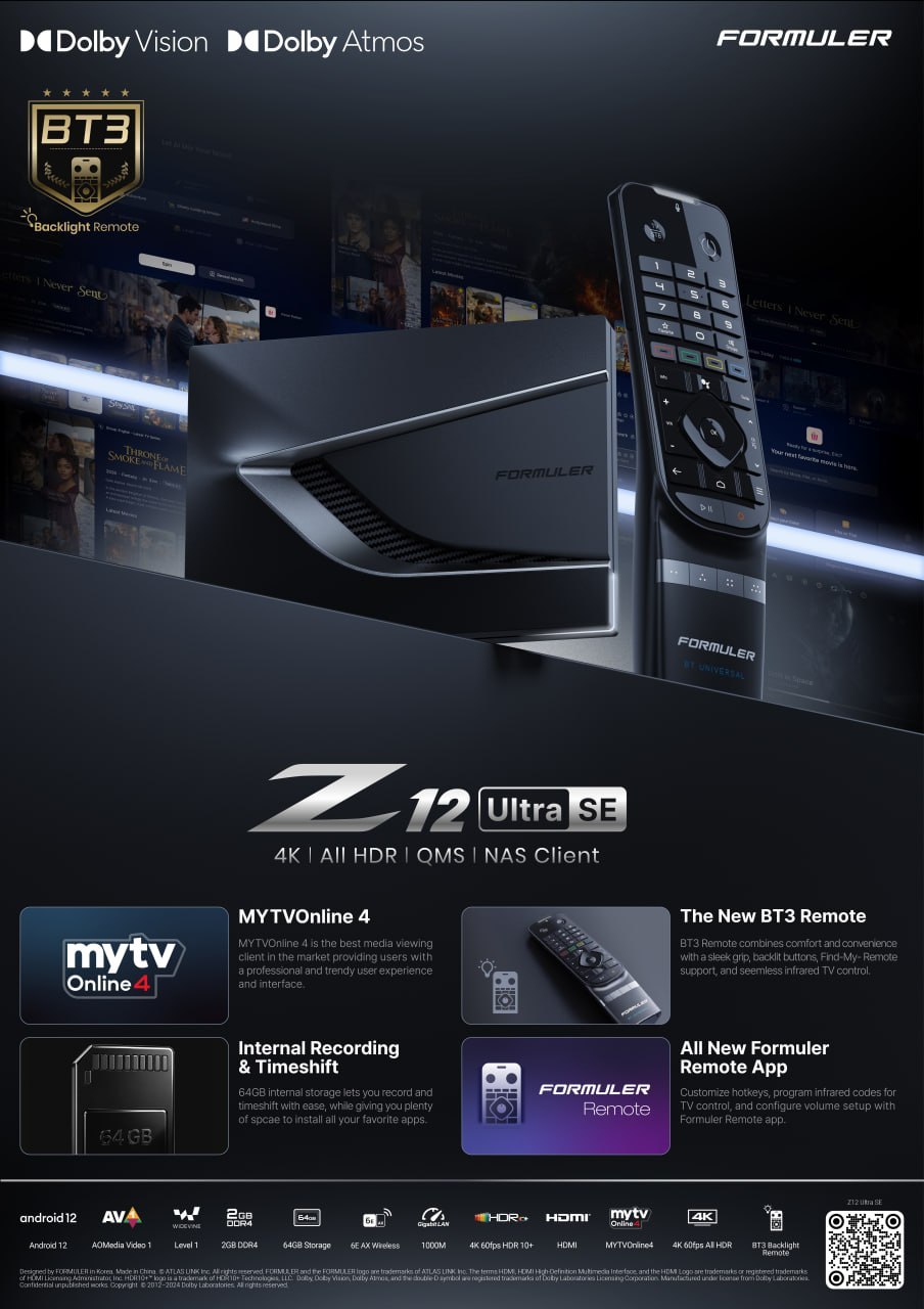 Formuler Z12 Ultra SE productfolder met MYTVOnline 4 en belangrijkste functies