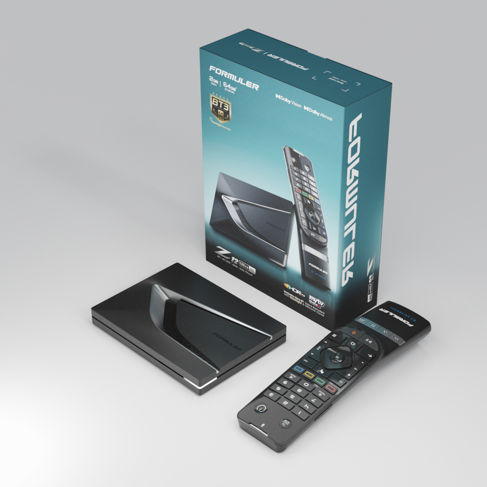 Formuler Z12 Ultra SE met verpakking en Bluetooth-afstandsbediening, schuin van boven