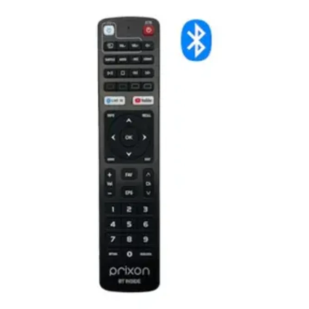 Zwarte Prixon P10 Bluetooth afstandsbediening met cijfertoetsen en navigatiering op een witte achtergrond.
